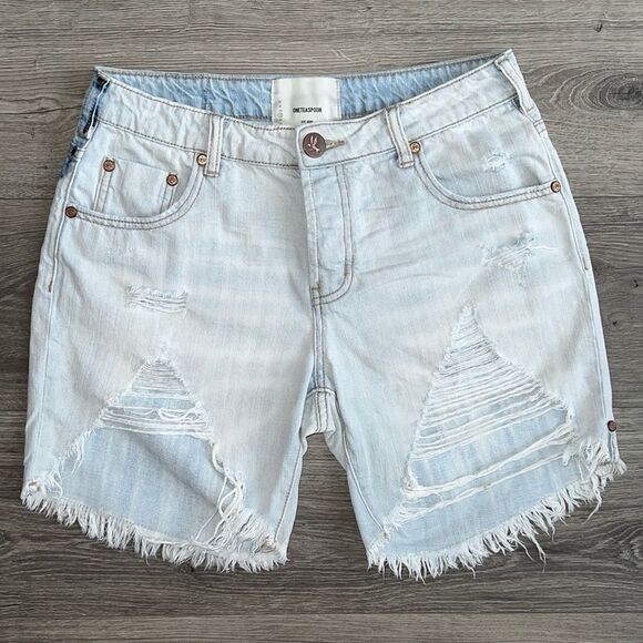 ONE TEASPOON Stevies Shorts Size 25 Long Length Light Blue Distressed Retro 90s - Picture 1 of 12